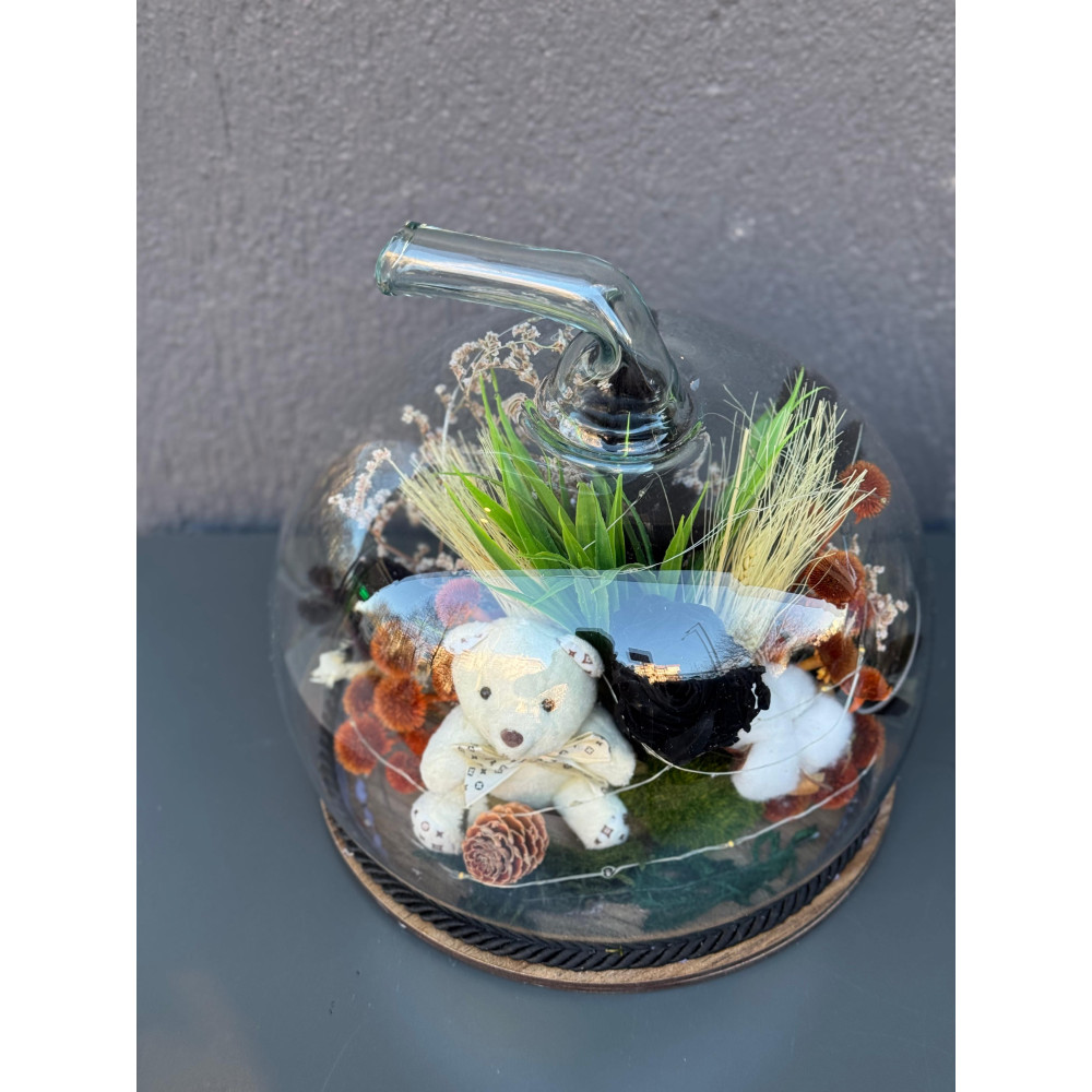 ÖZEL TASARIM ELMA SİYAH IŞIKLI SOLMAYAN GÜL